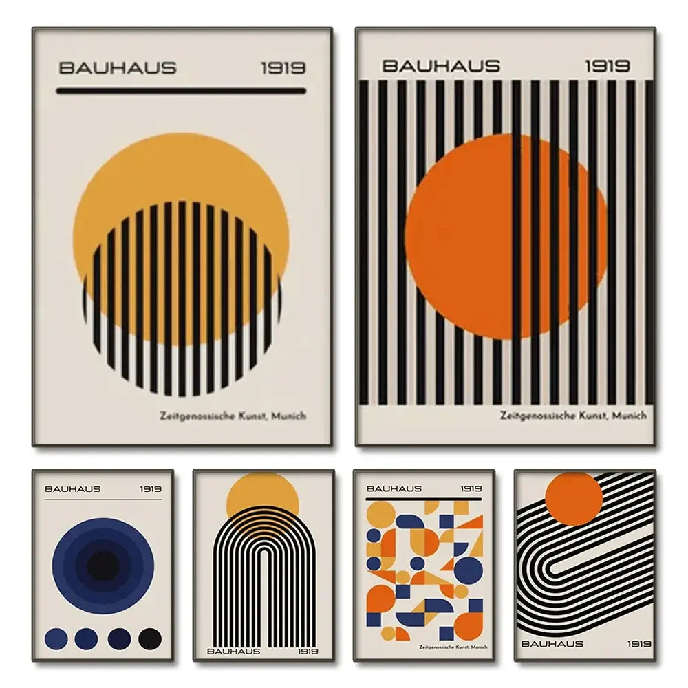 Set of five DecorBites™ modern geometric canvas wall art prints with bold black white orange and blue patterns on cream backgrounds
