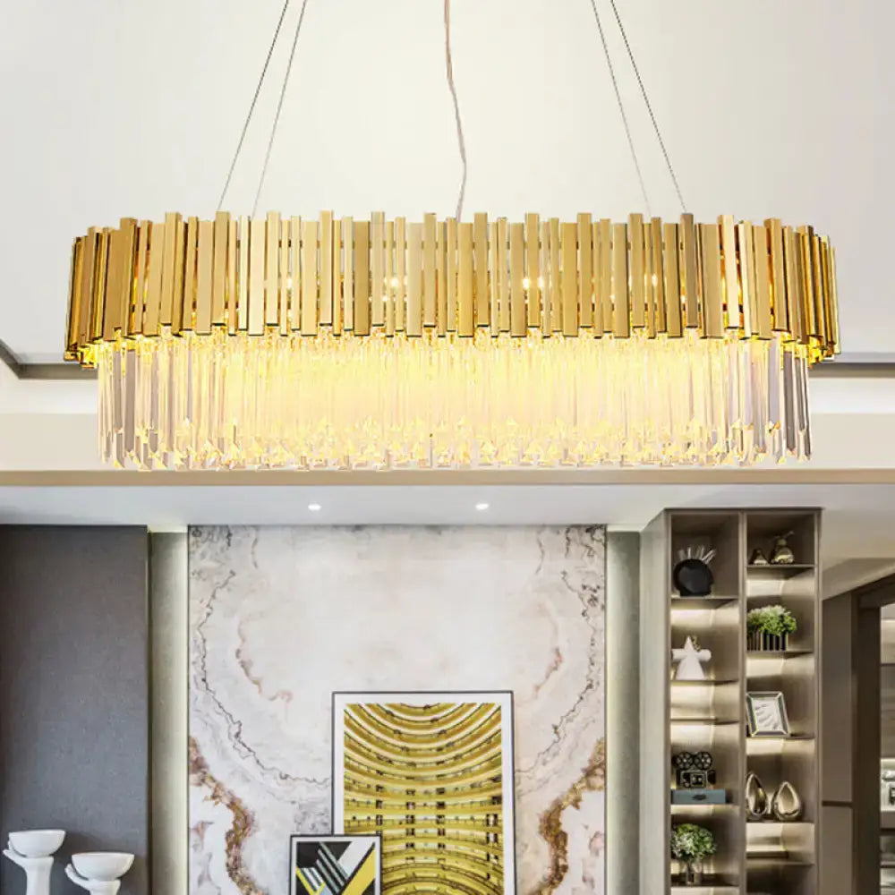 DecorBites modern gold-toned crystal prism chandelier with 12 heads and vertical brass bars for living room island decor