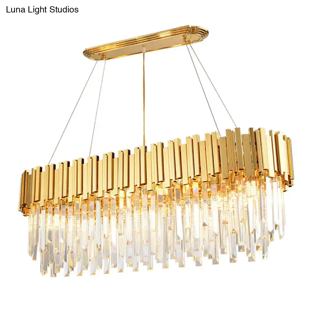 Gold-finished decorbites modern geometric crystal prism chandelier with 12 heads featuring vertical bars for living room island