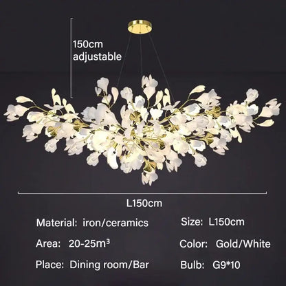 DecorBites™ modern ginkgo leaf led chandelier with white ceramic petals and gold iron branches for dining room lighting