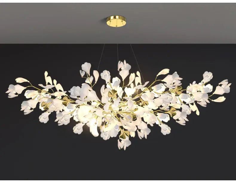 DecorBites modern ginkgo leaf led chandelier with elegant white floral design and gold accents for dining room lighting
