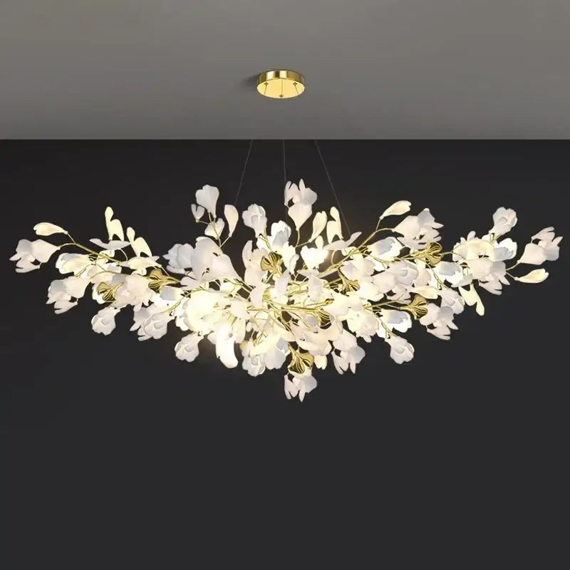 Elegant white floral DecorBites™ modern ginkgo leaf LED chandelier with gold stems for dining room lighting