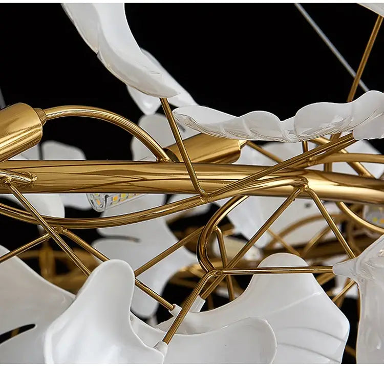 Decorbites modern ginkgo leaf led chandelier with gold metal arms and white ceramic shades for dining room lighting