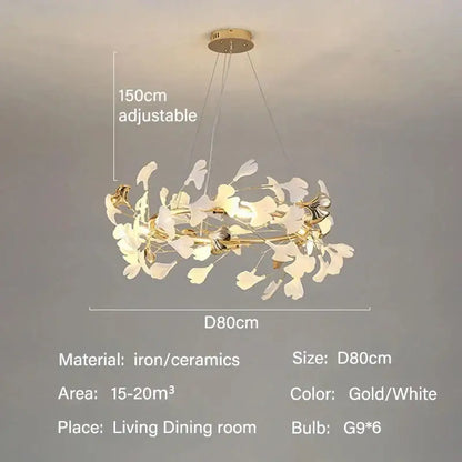 Decorbites modern ginkgo leaf led chandelier in gold and white ceramic with adjustable height for dining room lighting