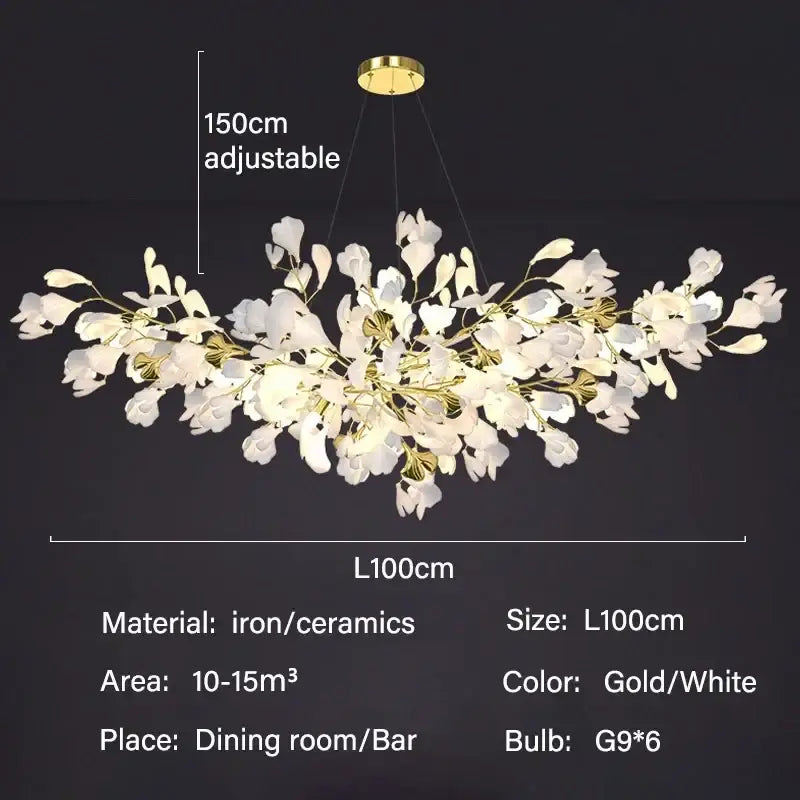 DecorBites modern ginkgo leaf led chandelier with white ceramic petals and gold iron branches for dining room lighting