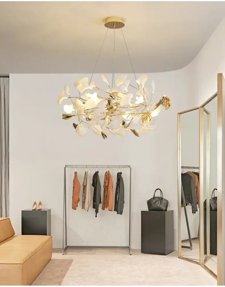 DecorBites™ modern gold-toned ginkgo LED chandelier with white leaf shades for elegant dining room lighting