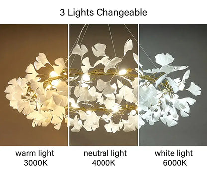 Decorbites modern white ginkgo leaf led chandelier with three light settings for dining room lighting