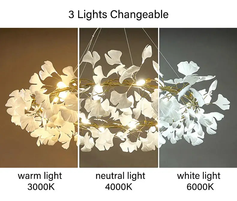 Decorbites modern white ginkgo leaf led chandelier with three light settings for dining room lighting