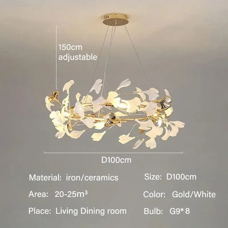 DecorBites modern ginkgo leaf LED chandelier with gold and white ceramic accents for dining room lighting