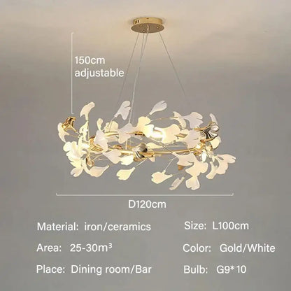 Elegant gold and white DecorBites™ modern ginkgo leaf LED chandelier with iron and ceramic for dining room lighting