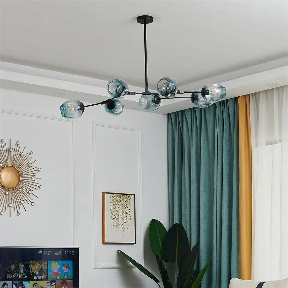 Modern black metal ball led chandelier with translucent blue glass ball globe bulbs for stylish home decor