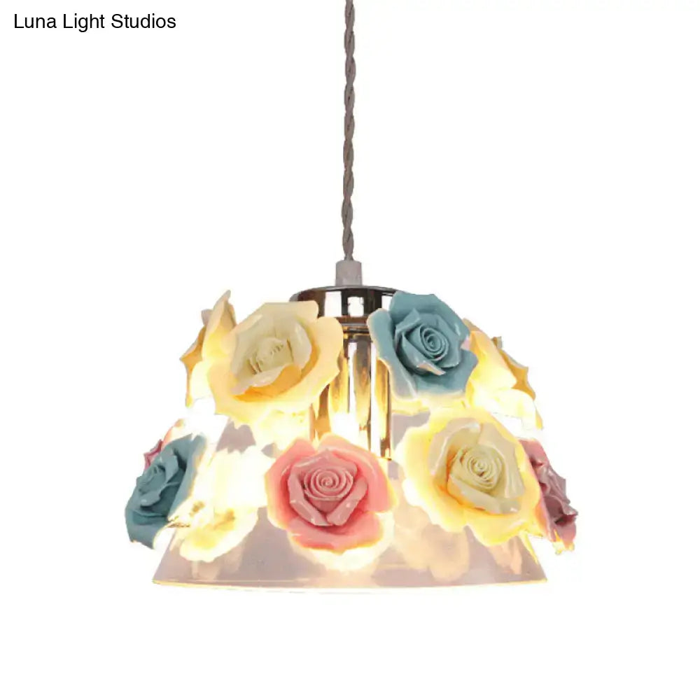 DecorBites™ modern glass hanging lamp with transparent glass and blue-pink-yellow flower decor pendant light