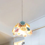 DecorBites modern glass hanging lamp with conical shape flower decor in blue-pink-yellow pastel hues and transparent glass
