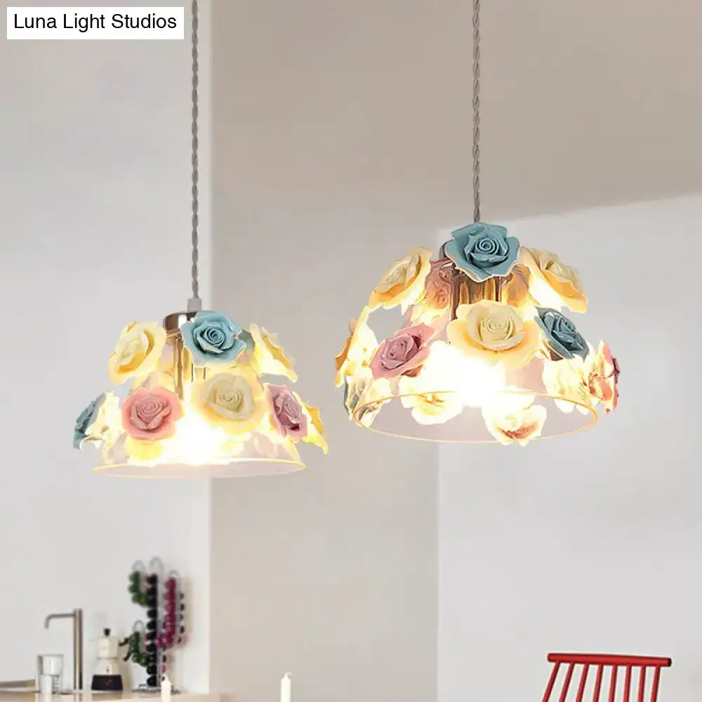 DecorBites™ modern glass hanging lamp with pastel blue-pink-yellow flower decor in transparent glass conical pendant design