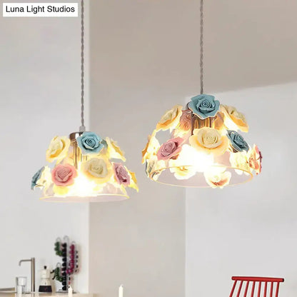 DecorBites™ modern glass hanging lamp with pastel blue-pink-yellow flower decor in transparent glass conical pendant design