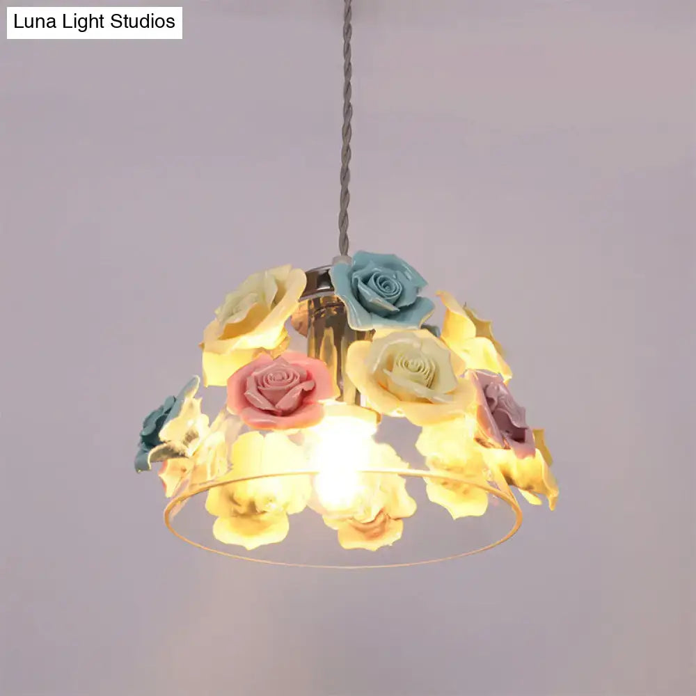 Decorbites modern glass hanging lamp with pastel blue-pink-yellow flower decor and transparent glass pendant light
