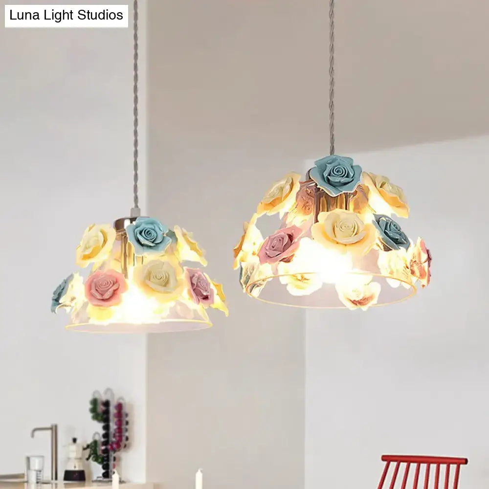 Decorbites modern glass hanging lamp 1-light pendant with transparent glass and blue-pink-yellow flower decor