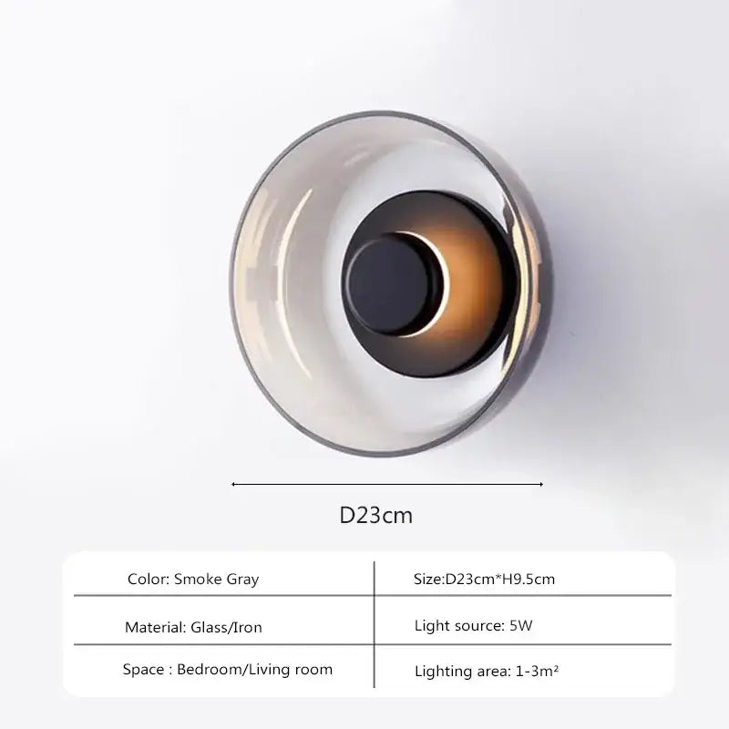 Decorbites modern glass led wall light in smoke gray glass and iron with a circular design led wall fixture