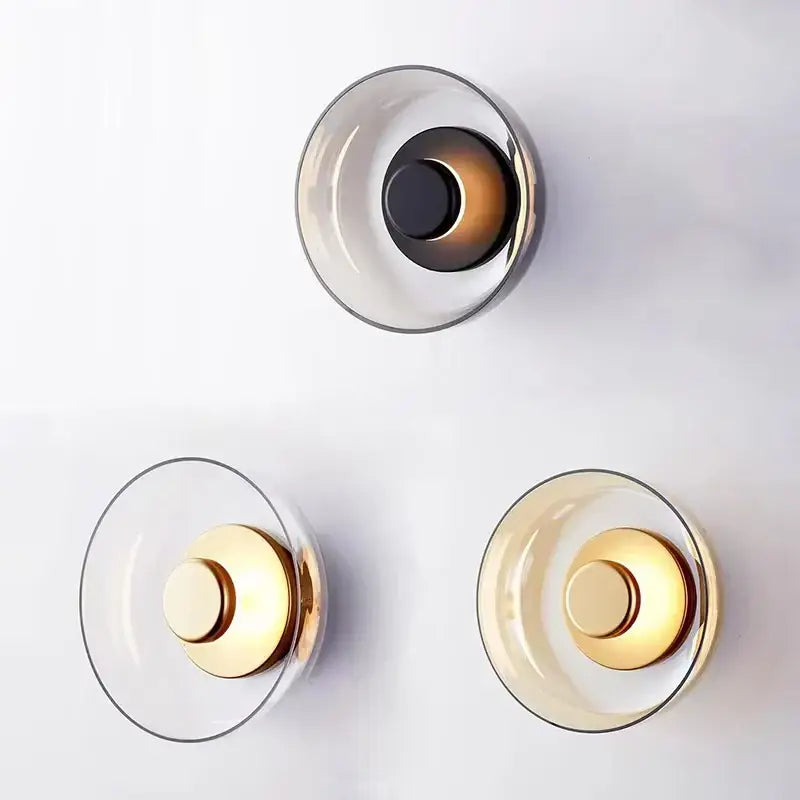 DecorBites™ modern glass led wall light with frosted glass shades and gold-toned circular accents in a set of three