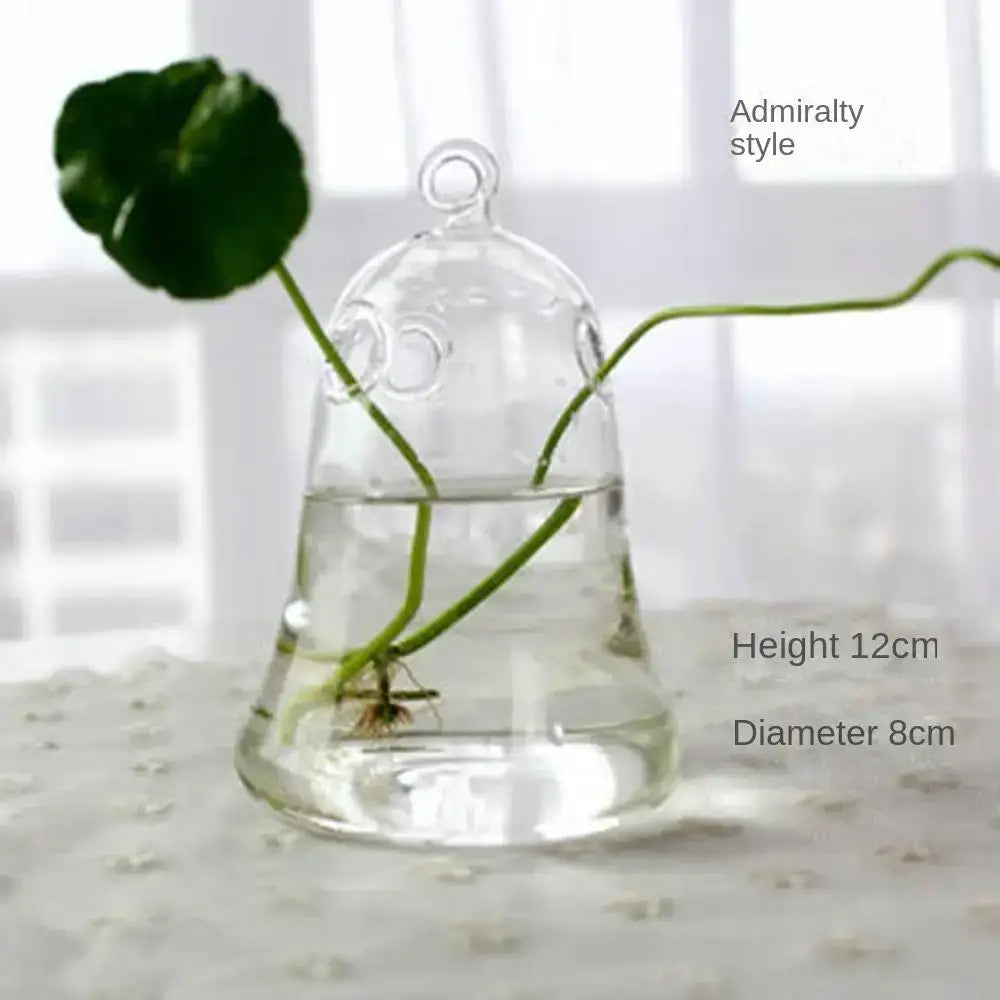 DecorBites™ modern clear glass vase terrarium with bell shape looped top and admiralty style design holding green stems