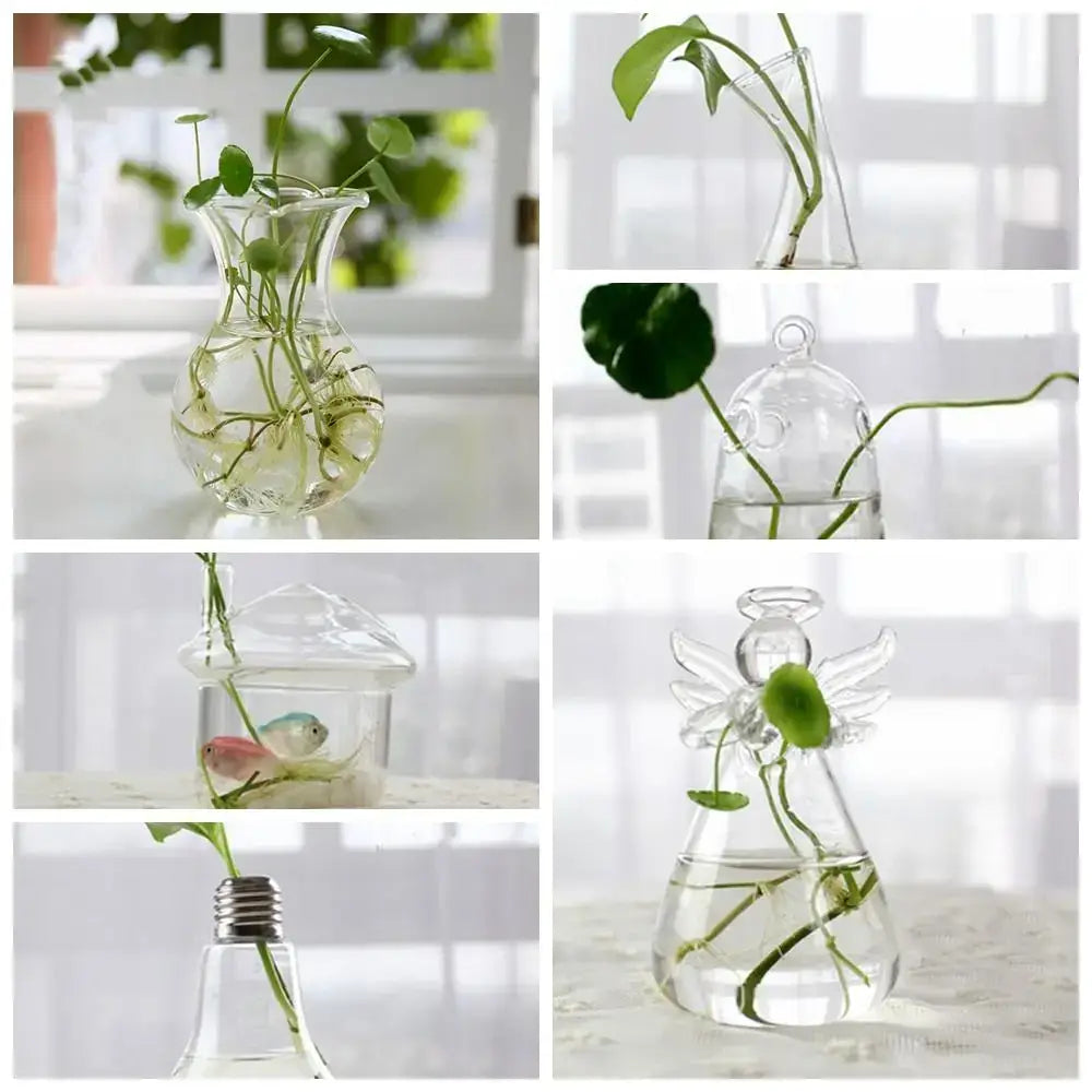 Clear glass vase terrarium with unique shapes including angel wings and lamp bulb bases for modern decor bites designs