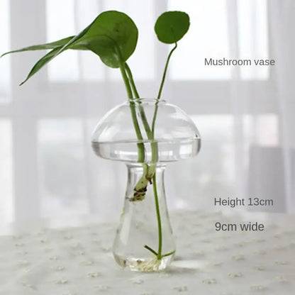 Decorbites™ modern glass vase terrarium featuring a clear mushroom-shaped glass vase holding green plants in water