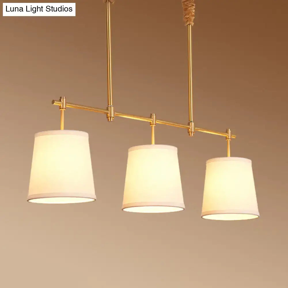 Decorbites™ modern gold island chandelier light with fabric empire shade suspension and three white cylindrical shades 220v-240v 110v-120v