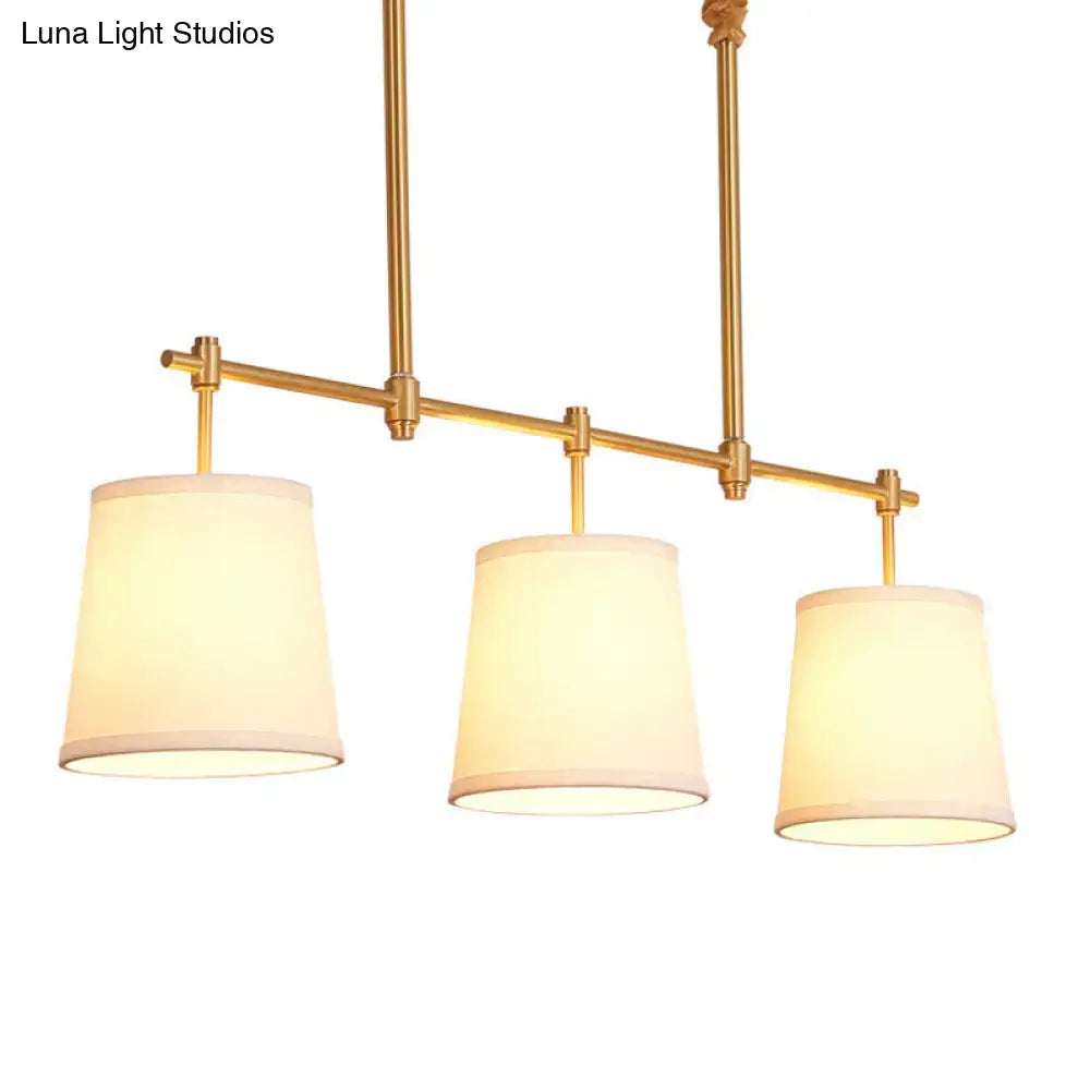 Brass-finished modern chandelier with three off-white fabric empire shade suspensions compatible with 220v-240v 110v-120v