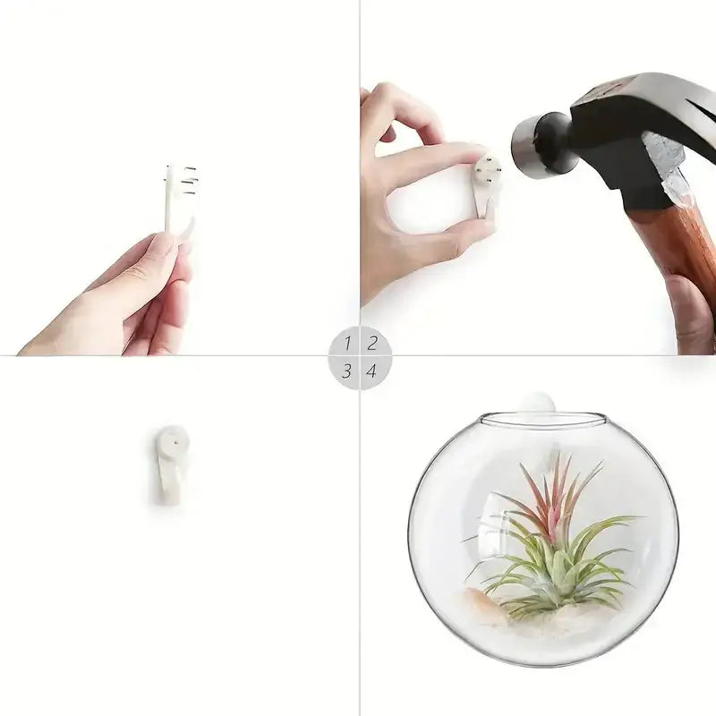 White plastic wall-mounted hook for DecorBites™ modern hanging glass vase to hold spherical air plant terrarium