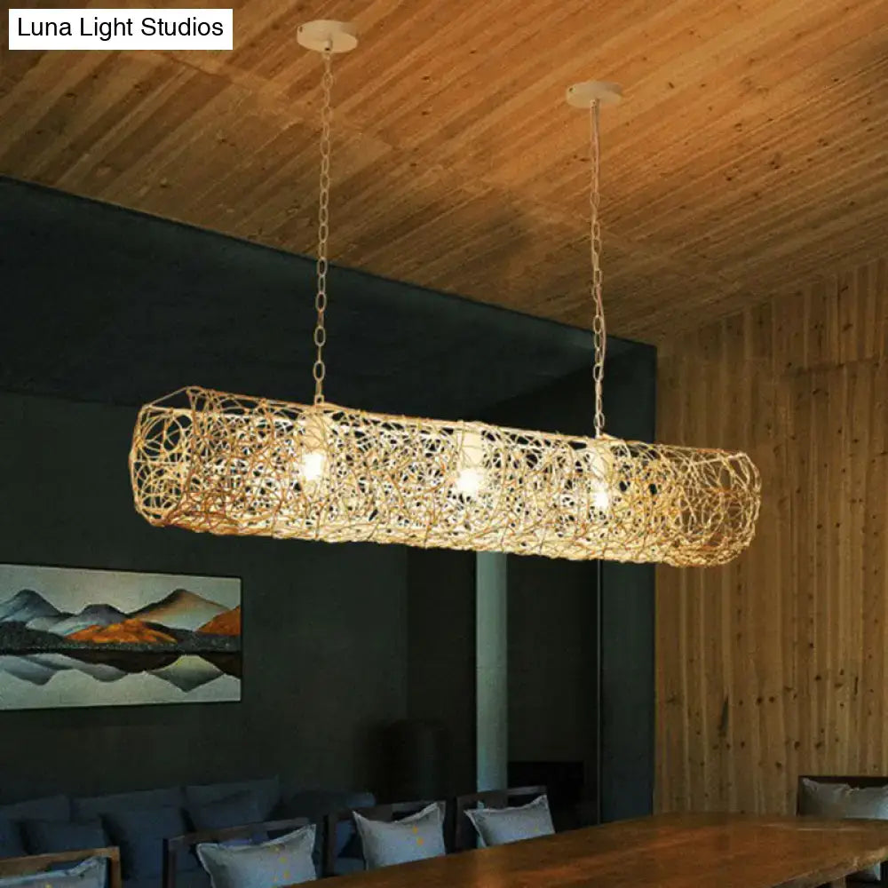 DecorBites modern hanging rattan ceiling light with three bulbs in warm golden hue for stunning contemporary tea room island