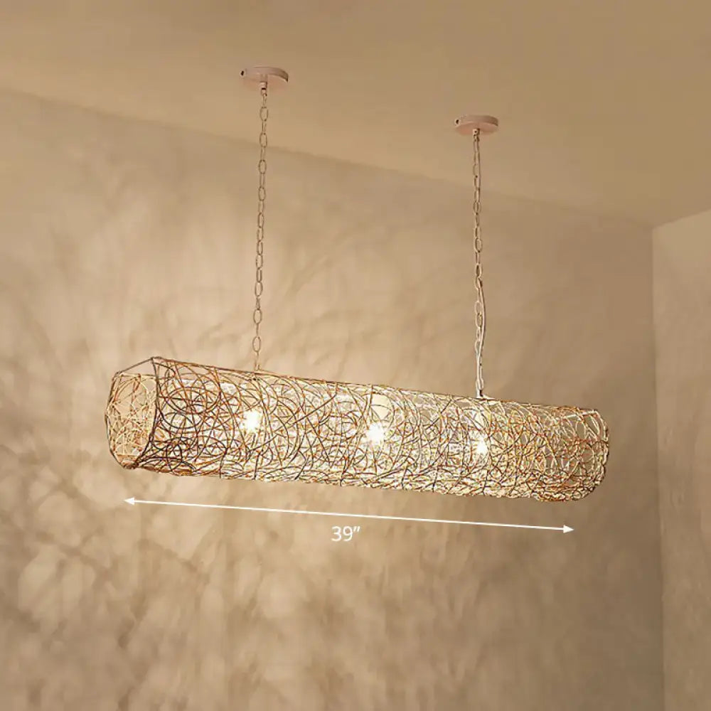 DecorBites™ modern hanging rattan ceiling light with woven golden-brown design and three bulbs for tea room island