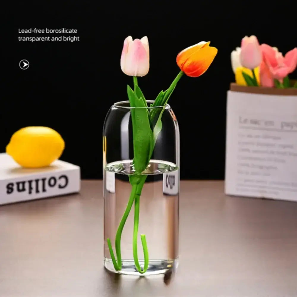 Decorbites modern hydroponic glass flower vase holding pink and orange-yellow artificial tulips for home and wedding