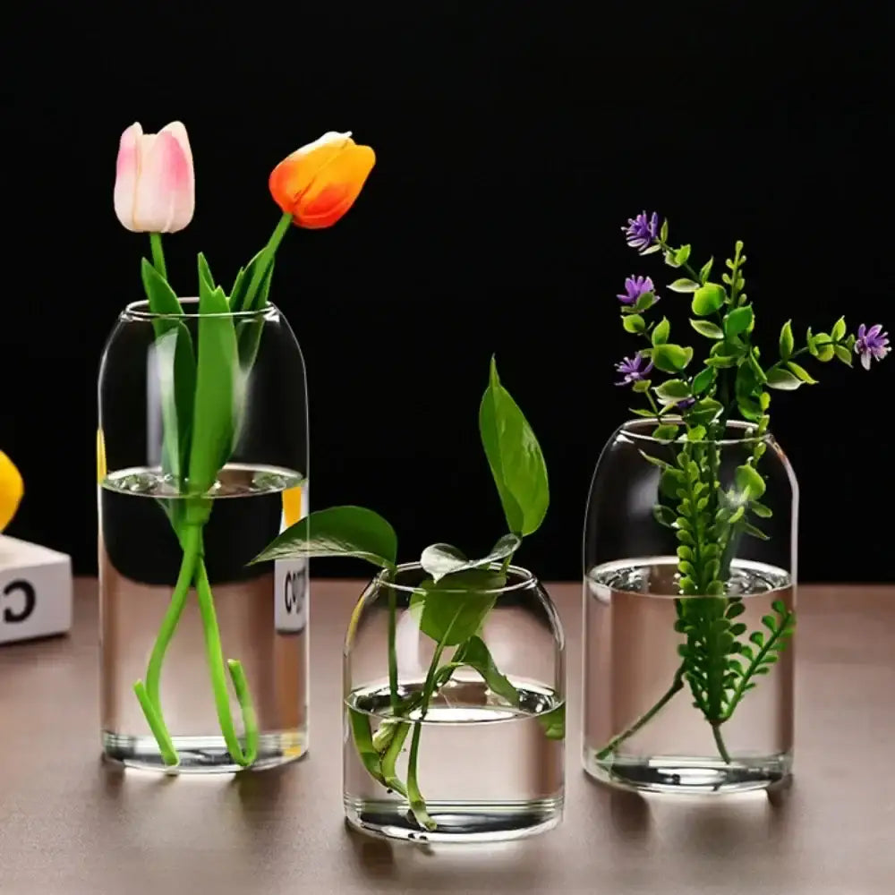 Decorbites modern hydroponic glass flower vase set with clear glass bottles holding artificial greenery for home and wedding