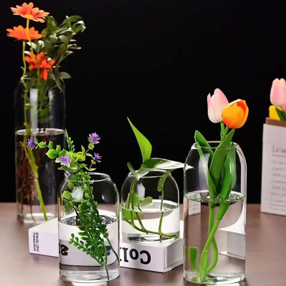 DecorBites™ modern hydroponic glass flower vase set with vibrant artificial flowers for home and wedding decor