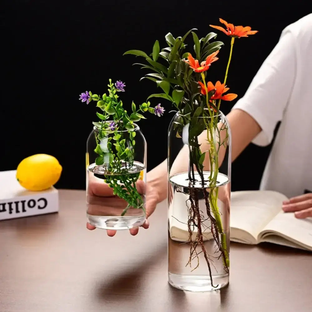 Clear glass flower vase with water holding colorful flowers creative hydroponic plant for home and wedding decor