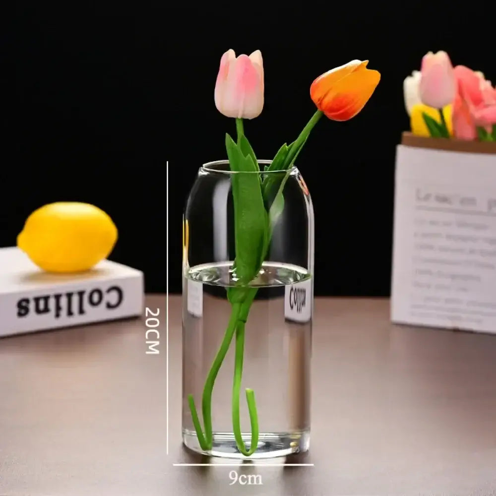 Decorbites modern hydroponic glass flower vase with clear glass bottle holding pink and orange artificial tulips for home and wedding