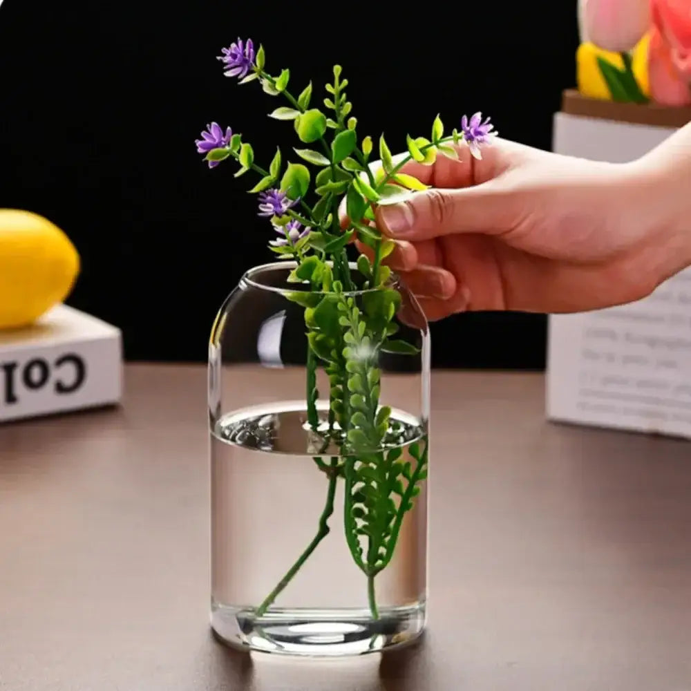 DecorBites™ modern hydroponic glass flower vase with purple and green artificial flowers for home and wedding decor