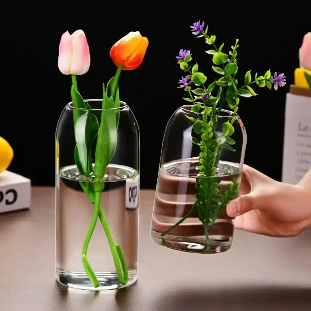 DecorBites™ modern hydroponic glass flower vase with clear glass bottles holding artificial flowers for home and wedding