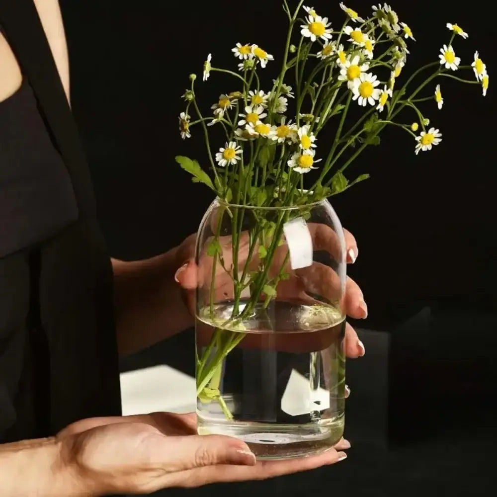 DecorBites™ modern hydroponic glass flower vase holding delicate white daisies with yellow centers for home and wedding