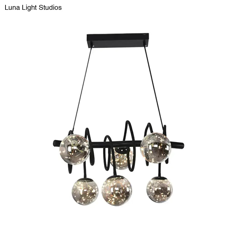 Decorbites modern island pendant light with five smoke gray glass shade orbs and black metal frame ideal for dining room