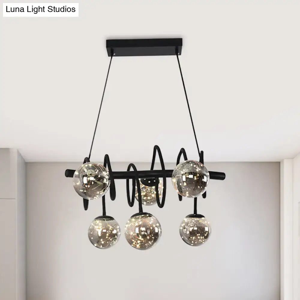 Decorbites modern island pendant light with black metal frame and smoke gray glass shade with five globe lights