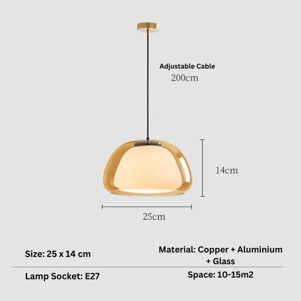 Modern gold-toned jelly globe pendant light with a sleek dome-shaped glass shade and copper-aluminum frame by decorbites