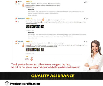 A smiling woman with headset beside customer reviews for DecorBites modern LED arch chandelier in black white orange blue