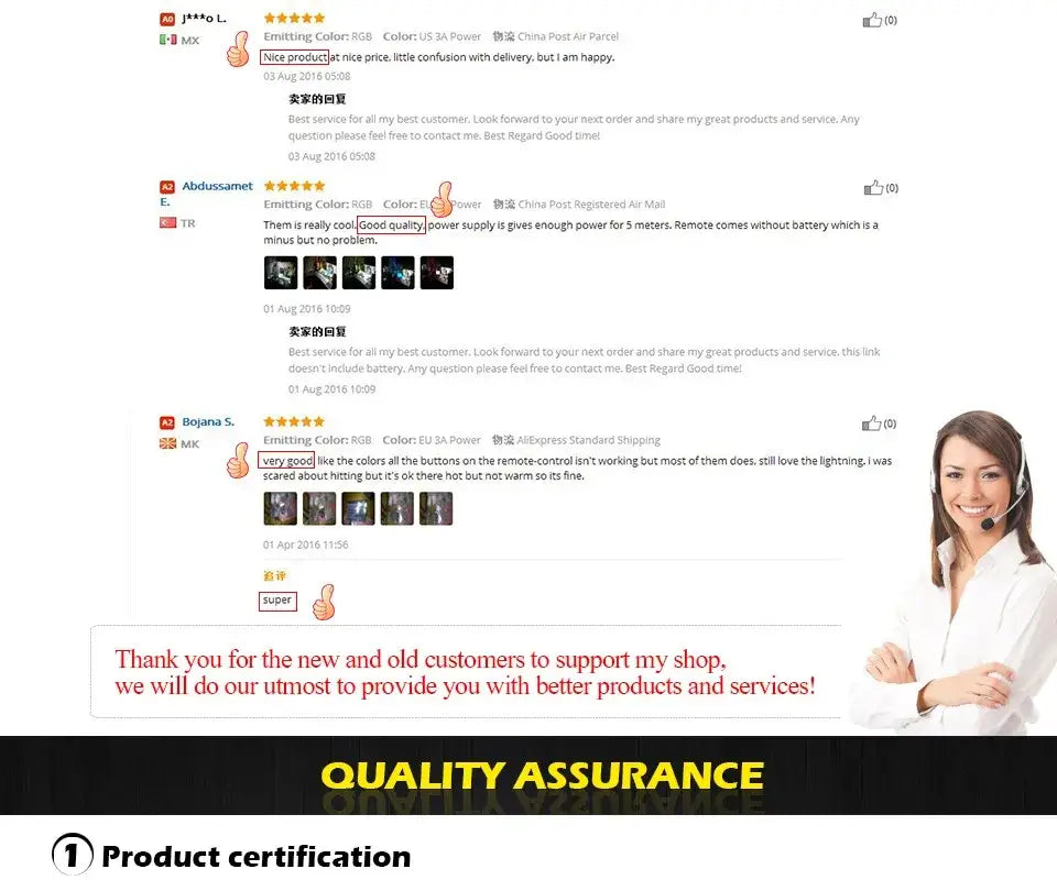 A smiling woman with headset beside customer reviews for DecorBites modern LED arch chandelier in black white orange blue