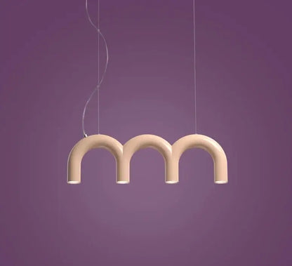 Cream-colored modern pendant arch chandelier with three curved u-shaped segments by decorbites oblure arch chandelier