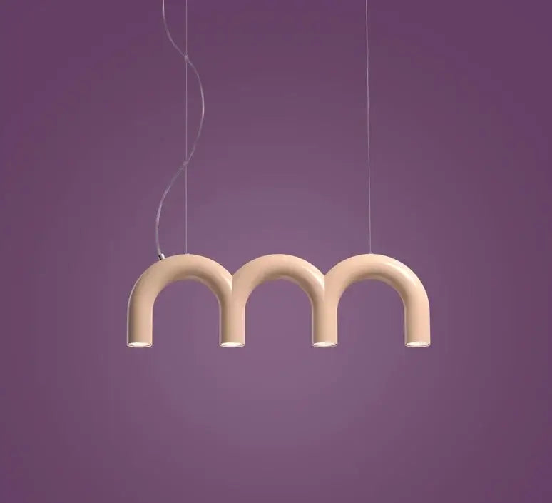 Cream-colored modern pendant arch chandelier with three curved u-shaped segments by decorbites oblure arch chandelier