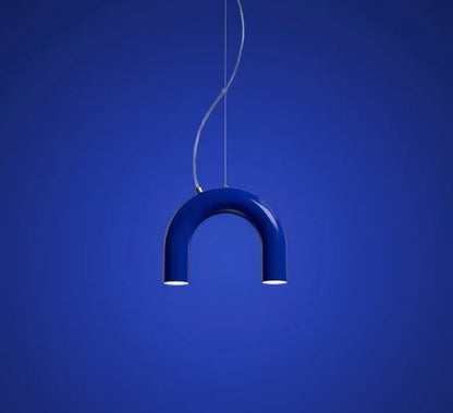 Decorbites modern led oblure arch chandelier in glossy navy blue with sleek u-shaped design and curved metallic cord