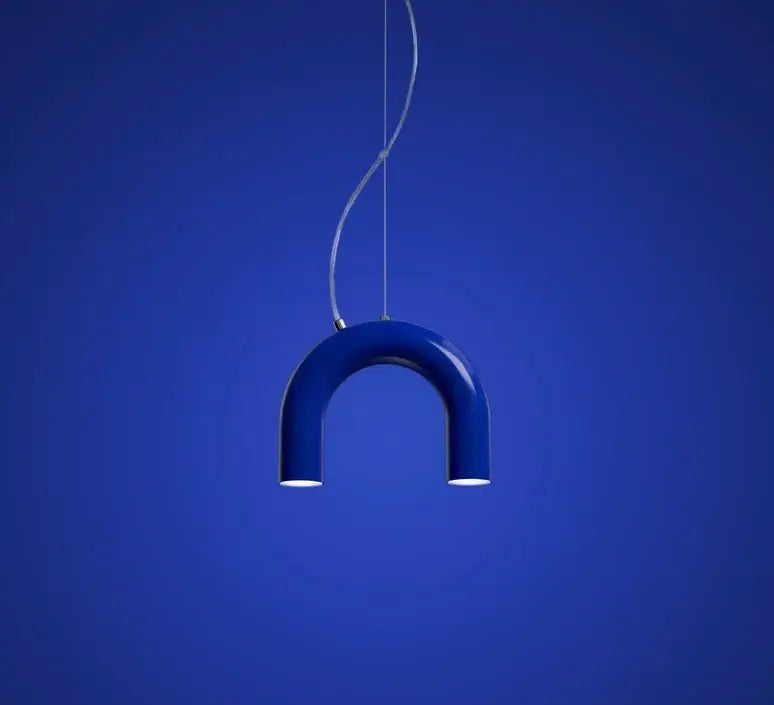 Decorbites modern led oblure arch chandelier in glossy navy blue with sleek u-shaped design and curved metallic cord