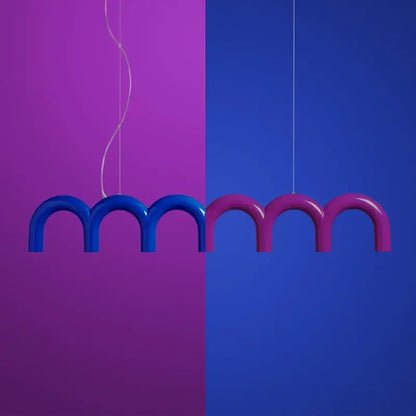 Modern hanging DecorBites™ oblure arch chandelier with glossy blue and magenta curved arches suspended by wires