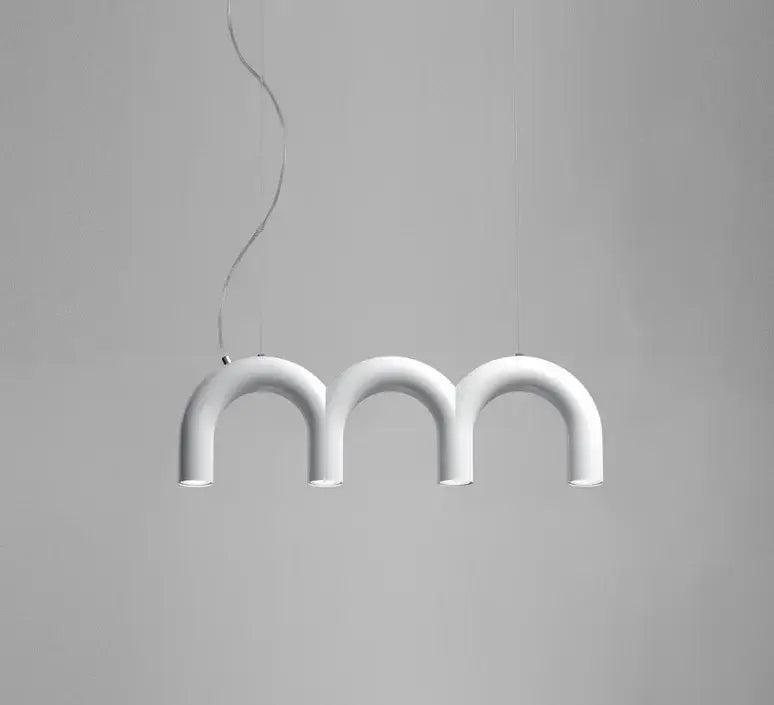 White minimalist pendant light with three curved u-shaped arms from decorbites modern oblure arch chandelier collection